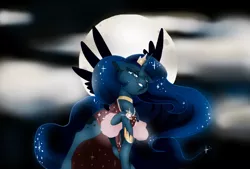 Size: 1653x1115 | Tagged: safe, artist:razledazle, derpibooru import, alicorn, pony, bedroom eyes, choker, clothes, cloud, dress, ethereal mane, female, full moon, image, jewelry, jpeg, mare, moon, necklace, outdoors, raised hoof, solo, starry mane