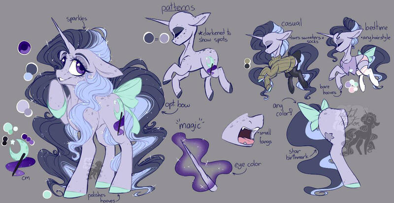 Size: 1320x683 | Tagged: safe, artist:pastelperyton, derpibooru import, oc, unofficial characters only, pony, unicorn, bow, female, gray background, horn, image, jpeg, mare, reference sheet, simple background, tail, tail bow, unicorn oc