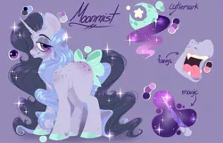 Size: 1043x673 | Tagged: safe, artist:pastelperyton, derpibooru import, oc, unofficial characters only, pony, unicorn, bedroom eyes, bow, crescent moon, eyelashes, female, glow, glowing horn, hoof polish, horn, image, jpeg, mare, moon, open mouth, purple background, reference sheet, simple background, tail, tail bow, unicorn oc