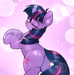 Size: 1648x1668 | Tagged: safe, artist:kurogewapony, derpibooru import, twilight sparkle, pony, unicorn, abstract background, blushing, butt, featureless crotch, female, horn, image, jpeg, looking at you, looking back, looking back at you, mare, one eye closed, plot, rear view, simple background, smooch, solo, tail, tail aside, twibutt, wink, winking at you