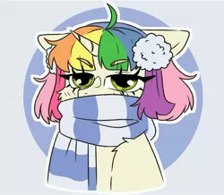 Size: 4005x3496 | Tagged: safe, artist:madkadd, derpibooru import, oc, unofficial characters only, pony, unicorn, abstract background, bust, clothes, eyelashes, horn, image, jpeg, multicolored hair, rainbow hair, scaraf, scarf, solo, unicorn oc