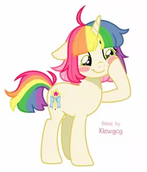 Size: 1156x1348 | Tagged: safe, artist:madkadd, derpibooru import, oc, unofficial characters only, pony, unicorn, base used, blush sticker, blushing, cheek squish, eyelashes, female, floppy ears, full body, hoof on cheek, hooves, horn, image, jpeg, mare, multicolored hair, multicolored mane, multicolored tail, rainbow hair, simple background, solo, squishy cheeks, standing, tail, unicorn oc, white background