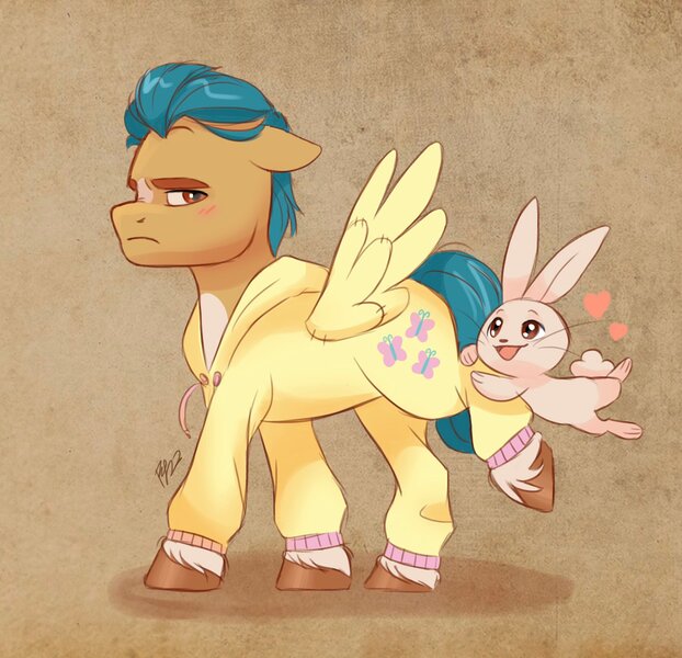 Size: 2048x1974 | Tagged: safe, artist:artharuhi, derpibooru import, hitch trailblazer, rabbit, animal, blushing, clothes, critter magnet, fluttershy suit, frustrated, g5, hitch is not amused, hoodie, image, jpeg, unamused