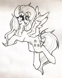 Size: 717x899 | Tagged: safe, artist:madkadd, derpibooru import, fluttershy, pegasus, pony, chest fluff, eyelashes, female, image, jpeg, lineart, looking back, mare, solo, traditional art, wings