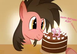 Size: 3508x2480 | Tagged: safe, artist:mrkat7214, derpibooru import, pinkie pie, oc, oc:ace play, earth pony, pony, birthday, cake, cherry, dialogue, facial hair, food, frosting, goatee, high res, image, jpeg, male, offscreen character, plate, smiling, solo focus, stallion