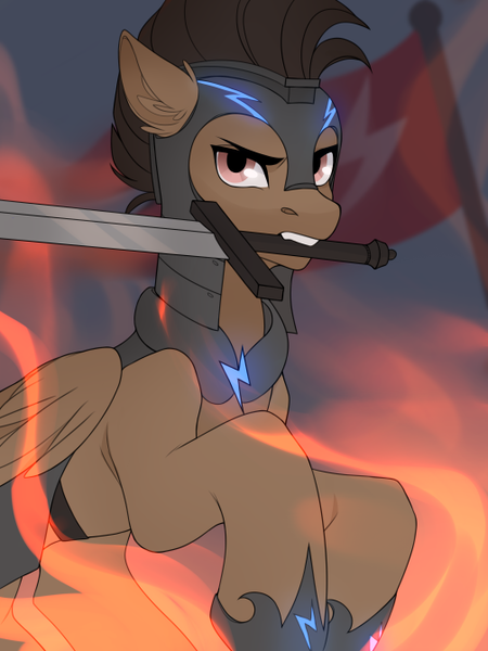 Size: 503x671 | Tagged: safe, artist:chamommile, derpibooru import, oc, oc:mazz, pegasus, pony, armor, badass, badass adorable, battlefield, clothes, cute, ear fluff, ears up, fight, fire, flag, flying, folded wings, glow, guard, helmet, image, jumping, lighting, mouth hold, png, raised hoof, ready to fight, rearing, shoes, solo, sword, weapon, wings