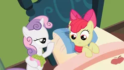 Size: 1280x720 | Tagged: safe, derpibooru import, screencap, apple bloom, sweetie belle, earth pony, pony, unicorn, family appreciation day, bed, bow, bowl, female, filly, foal, food, grapes, hair bow, image, lidded eyes, on bed, out of context, png, smiling
