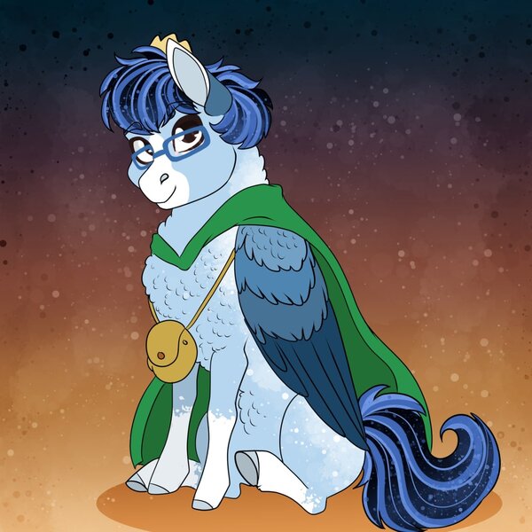 Size: 1280x1280 | Tagged: safe, artist:inisealga, derpibooru import, oc, oc:soaring spirit, unofficial characters only, pony, abstract background, bag, cape, chest fluff, clothes, coat markings, colored hooves, colored wings, crown, facial markings, glasses, gradient background, image, jewelry, jpeg, male, multicolored mane, multicolored tail, multicolored wings, neck fluff, ousama ranking, regalia, sitting, socks (coat marking), solo, stallion, tail, wings