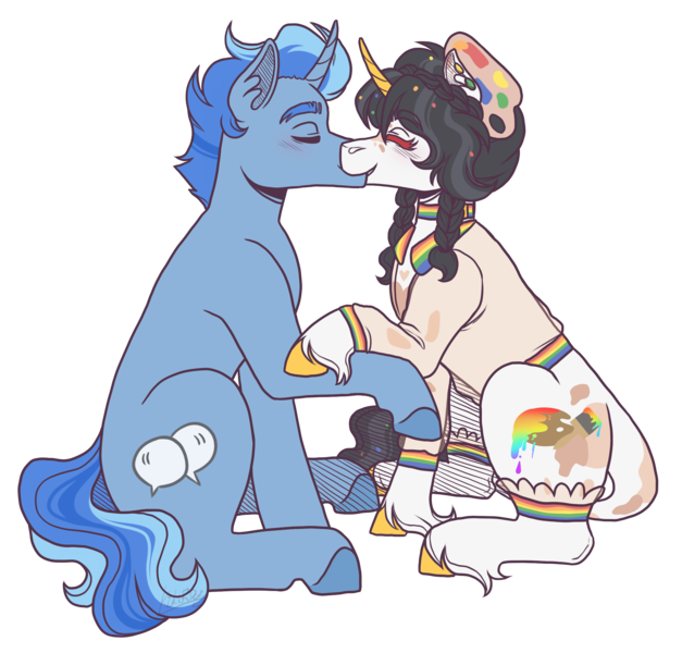 Size: 2300x2200 | Tagged: safe, artist:kikirdcz, derpibooru import, oc, oc:rainbow splash, pony, unicorn, female, image, kissing, male, png, simple background, straight, transparent background