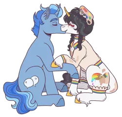 Size: 2300x2200 | Tagged: safe, artist:kikirdcz, derpibooru import, oc, oc:rainbow splash, pony, unicorn, female, image, kissing, male, png, simple background, straight, transparent background