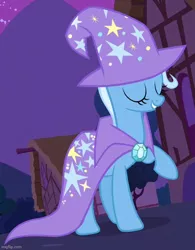 Size: 562x720 | Tagged: safe, derpibooru import, screencap, trixie, pony, unicorn, boast busters, season 1, cape, clothes, cropped, eyes closed, female, grin, hat, hooves, house, image, imgflip, jpeg, mare, night, raised hoof, shadow, smiling, solo, standing, trixie's cape, trixie's hat