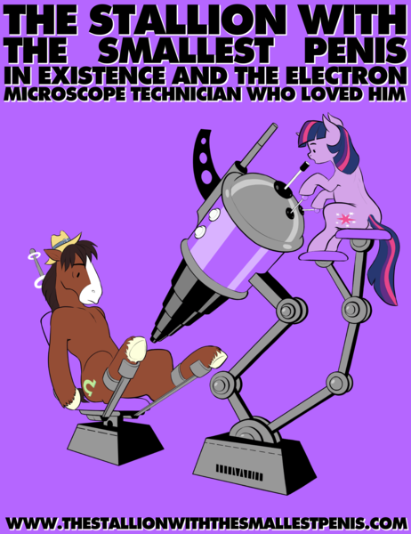 Size: 3000x3900 | Tagged: questionable, artist:crade, trouble shoes, twilight sparkle, earth pony, pony, unicorn, art pack:fun size 3, female, image, male, mare, microscope, nudity, penis, png, sitting, small penis, small penis humiliation, spread legs, spreading, stallion