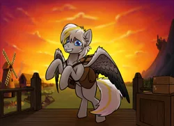 Size: 2258x1632 | Tagged: safe, artist:tsswordy, derpibooru import, oc, unofficial characters only, pegasus, pony, bag, canterlot, crate, image, male, png, rearing, solo, spread wings, sunset, wings
