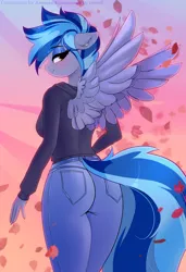 Size: 1968x2880 | Tagged: safe, artist:xjenn9, derpibooru import, oc, oc:pixi feather, unofficial characters only, anthro, pegasus, ass, blushing, breasts, butt, clothes, commission, female, floppy ears, hoodie, image, jeans, leaves, lidded eyes, looking at you, looking back, looking back at you, pants, png, smiling, solo, spread wings, wings, ych example, your character here