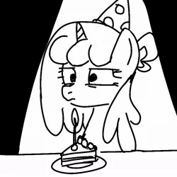 Size: 768x768 | Tagged: safe, artist:namaenonaipony, derpibooru import, oc, unofficial characters only, pony, unicorn, birthday, cake, cake slice, candle, food, hat, image, jpeg, party hat, simple background