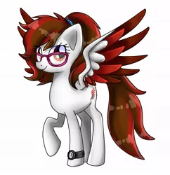 Size: 979x1010 | Tagged: safe, artist:namaenonaipony, derpibooru import, oc, unofficial characters only, pegasus, pony, colored wings, full body, glasses, hooves, image, jpeg, pegasus oc, raised hoof, shading, simple background, smiling, solo, spread wings, standing, tail, watch, white background, wings