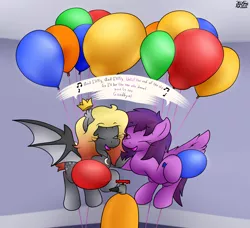 Size: 2454x2237 | Tagged: safe, artist:the-furry-railfan, derpibooru import, oc, oc:emilia starsong, unofficial characters only, bat pony, pegasus, balloon, bat pony oc, bat wings, crown, floating, helium tank, image, indoors, jewelry, png, regalia, singing, string, wings
