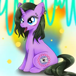 Size: 668x668 | Tagged: safe, artist:frisssk, artist:namaenonaipony, derpibooru import, oc, unofficial characters only, pony, unicorn, abstract background, ear piercing, horn, image, joker, jpeg, open mouth, piercing, tongue out, unicorn oc