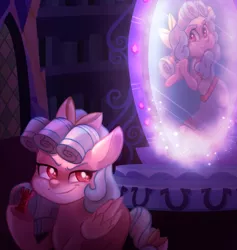 Size: 1583x1668 | Tagged: safe, artist:carouselunique, derpibooru import, cozy glow, pegasus, pony, equestria girls, bow, clothes, dress, februpony, female, freckles, hair bow, image, jpeg, magic mirror, mirror, rook, smug, solo, twilight's castle