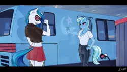 Size: 1280x720 | Tagged: safe, artist:apocheck13, derpibooru import, trixie, vinyl scratch, anthro, unicorn, clothes, female, gas station, image, jpeg, van