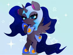 Size: 4096x3072 | Tagged: safe, alternate version, artist:zokkili, derpibooru import, nightmare moon, princess luna, alicorn, pony, female, filly, foal, gradient background, image, jpeg, sparkles, woona, younger