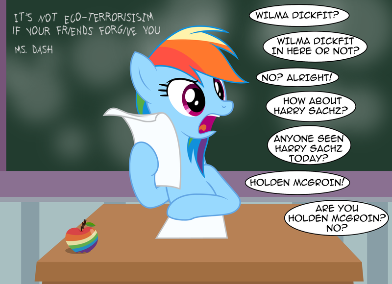 Size: 3032x2200 | Tagged: suggestive, artist:badumsquish, derpibooru import, rainbow dash, pegasus, pony, season 8, tanks for the memories, spoiler:s08, apple, chalkboard, classroom, derpibooru exclusive, desk, double entendre, female, food, frown, hoof hold, image, joke, mare, oblivious, open mouth, paper, png, rainbow dumb, school of friendship, show accurate, sitting, teacher, zap apple