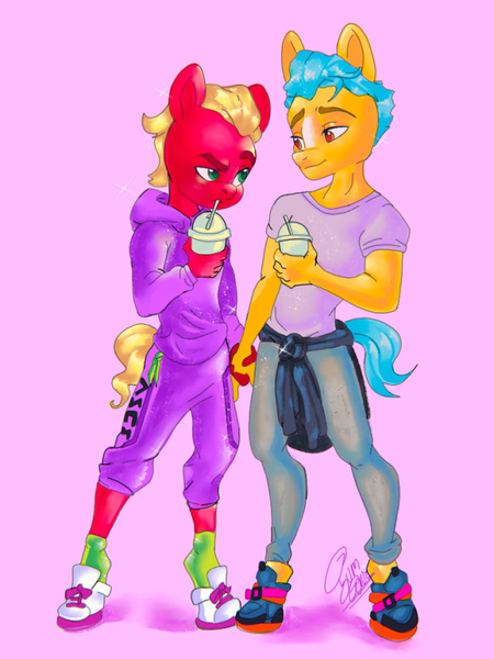 Size: 640x853 | Tagged: safe, artist:gum-gibbs, derpibooru import, hitch trailblazer, sprout cloverleaf, anthro, unguligrade anthro, my little pony: a new generation, blushing, g5, gay, hitchsprout, holding hands, image, looking at each other, looking at someone, male, milkshake, pink background, png, shipping, simple background