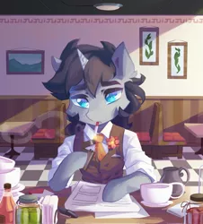 Size: 1971x2179 | Tagged: safe, artist:saxopi, derpibooru import, oc, unofficial characters only, semi-anthro, unicorn, bipedal, blue eyes, bottle, clothes, colored pupils, cup, day, eyelashes, flower, high res, horn, image, jpeg, lighter, napkin, necktie, paper, picture frame, seat, sitting, smoke, smoking, solo, table, thick eyebrows, white shirt