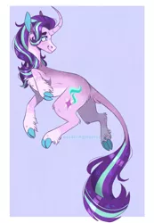 Size: 1015x1466 | Tagged: safe, artist:wanderingpegasus, derpibooru import, starlight glimmer, classical unicorn, pony, unicorn, alternate hairstyle, blue background, chest fluff, cloven hooves, cute, februpony, female, glimmerbetes, image, leonine tail, mare, markings, png, redesign, simple background, solo, unshorn fetlocks