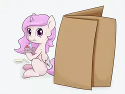 Size: 1200x900 | Tagged: safe, artist:zokkili, derpibooru import, princess celestia, alicorn, pony, box, cake, cake slice, cakelestia, cardboard box, cewestia, eating, female, filly, foal, food, fork, image, jpeg, pink-mane celestia, plate, simple background, white background, younger