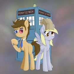 Size: 900x900 | Tagged: safe, alternate version, artist:zokkili, derpibooru import, doctor whooves, roseluck, time turner, earth pony, pegasus, pony, doctor who, duo, image, jpeg, sonic screwdriver