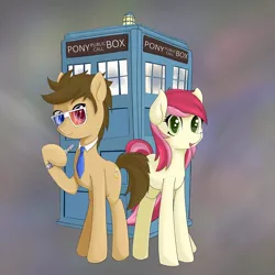Size: 900x900 | Tagged: safe, artist:zokkili, derpibooru import, doctor whooves, roseluck, time turner, earth pony, pony, 3d glasses, crossover, doctor who, duo, hoof hold, image, jpeg, rose tyler, sonic screwdriver, tenth doctor, the doctor