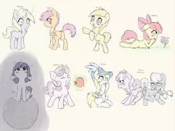 Size: 1360x1020 | Tagged: safe, artist:zokkili, derpibooru import, apple bloom, diamond tiara, dinky hooves, lemon daze, noi, princess luna, scootaloo, silver spoon, sweetie belle, earth pony, pegasus, pony, unicorn, ..., apple, bump bump sugar lump rump, butt bump, butt to butt, butt touch, female, filly, flower, foal, food, hat, image, jpeg, looking at something, looking up, magic, magic aura, moon, simple background, telekinesis, woona, younger
