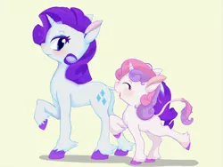 Size: 1200x900 | Tagged: safe, artist:zokkili, derpibooru import, rarity, sweetie belle, pony, unicorn, cute, diasweetes, duo, duo female, eyes closed, female, filly, foal, happy, image, jpeg, leonine tail, looking at someone, mare, open mouth, open smile, raribetes, siblings, simple background, sisters, smiling, tail, yellow background