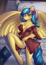 Size: 1762x2460 | Tagged: suggestive, alternate version, artist:lifejoyart, derpibooru import, part of a set, oc, oc:jeppesen, unofficial characters only, anthro, pegasus, unguligrade anthro, absolute cleavage, angled leg, anthro oc, bed, bedroom, bedroom eyes, blushing, book, braid, braided tail, breasts, cheek fluff, cleavage, clothes, commission, cushion, detailed background, ear fluff, erect nipples, eyebrows, eyebrows visible through hair, feather, female, flower, flower in hair, hand on belly, hand on chest, hooves, image, jpeg, legs, looking at you, lying, lying down, nipple outline, on back, panties, pegasus oc, pillow, robe, solo, solo female, spread wings, sultry pose, tail, twin braids, underwear, white panties, white underwear, wings