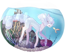 Size: 1024x820 | Tagged: safe, artist:xfrosting, derpibooru import, oc, unofficial characters only, earth pony, fish, pony, aquarium, bubble, commission, coral, image, jewelry, necklace, open mouth, pink eyes, png, seaweed, signature, simple background, smiling, solo, transparent background, underwater, water, ych result
