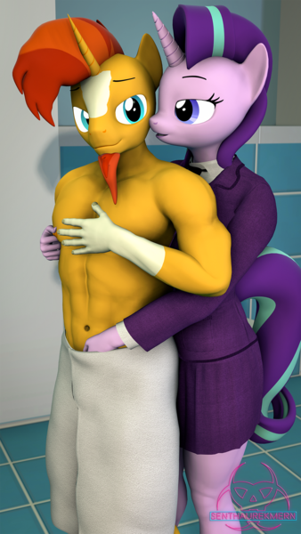 Size: 1080x1920 | Tagged: questionable, artist:senthaurekmern, derpibooru import, starlight glimmer, sunburst, anthro, unicorn, 3d, admiration, bedroom eyes, clothed female nude male, clothes, female, fetish, from behind, grope, image, lidded eyes, looking at each other, looking at someone, male, male nipples, muscle fetish, muscles, nipple pinch, nipple play, nipples, nudity, partial nudity, png, reach around, shipping, smiling, smirk, sneaking, source filmmaker, starburst, straight, topless, towel, watermark