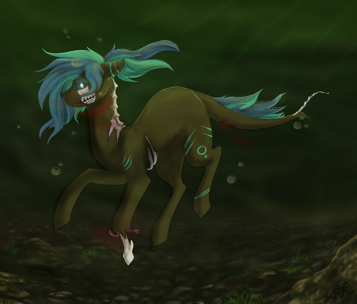 Size: 1440x1224 | Tagged: semi-grimdark, artist:scarletsfeed, derpibooru import, oc, unofficial characters only, earth pony, hybrid, merpony, pony, undead, zombie, zombie pony, blood, bone, bubble, contest entry, crepuscular rays, fish tail, flowing mane, glow, glowing eyes, green mane, image, ocean, png, rock, solo, swimming, tail, teeth, underwater, water