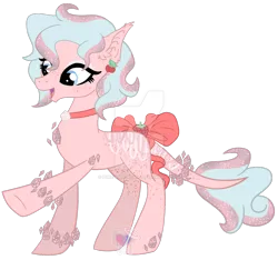 Size: 1280x1199 | Tagged: safe, artist:pure-blue-heart, derpibooru import, oc, original species, adoptable, bow, cherry, choker, closed species, ear piercing, earring, food, freckles, fruit, gemstone pony, gemstones, image, jewelry, piercing, pink, png, simple background, tail bow, transparent background