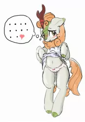 Size: 1618x2329 | Tagged: suggestive, artist:seidouryu, derpibooru import, autumn blaze, kirin, bipedal, blushing, clothes, female, heart, image, jpeg, panties, shirt, shirt lift, smiling, solo, underwear