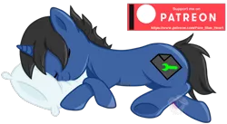 Size: 866x475 | Tagged: safe, artist:pure-blue-heart, derpibooru import, oc, oc:digital wrench, pony, unicorn, black mane, image, male, patreon, patreon logo, patreon reward, pillow, png, simple background, sleeping, stallion, transparent background