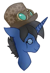 Size: 755x1089 | Tagged: safe, artist:pure-blue-heart, derpibooru import, oc, oc:digital wrench, pony, unicorn, black mane, bust, commission, commissioner:bastler, goggles, hat, image, male, png, portrait, simple background, stallion, steampunk, transparent background