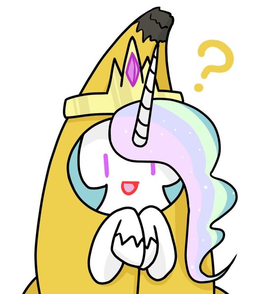 Size: 640x740 | Tagged: safe, artist:batipin, derpibooru import, princess celestia, alicorn, pony, banana, banana costume, banana suit, bananalestia, clothes, costume, do you like bananas?, food, food costume, image, jpeg, question mark, simple background, white background