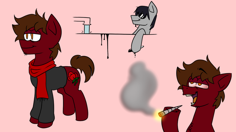 Size: 959x540 | Tagged: safe, artist:beefgummies, derpibooru import, oc, oc:alatar doom, unofficial characters only, earth pony, pony, bath, bathtub, bloodshot eyes, blunt, clothes, cutie mark, drugs, high, homestuck, hoodie, image, ink, marijuana, png, red background, reference sheet, scarf, sharpie, simple background, smoke