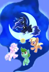 Size: 1181x1748 | Tagged: safe, artist:asaoto_1g2g, derpibooru import, princess luna, alicorn, earth pony, pegasus, pony, unicorn, crescent moon, female, filly, foal, happy, image, jpeg, moon