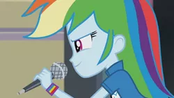 Size: 3410x1920 | Tagged: safe, derpibooru import, screencap, rainbow dash, equestria girls, friendship games, chs rally song, clothes, cutie mark, cutie mark on clothes, female, high res, image, jpeg, microphone, smiling, solo