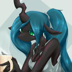 Size: 4000x4000 | Tagged: safe, artist:zemlya, derpibooru import, queen chrysalis, anthro, changeling, changeling queen, bust, female, image, jpeg, mug, pony tails, simple background, steam