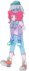 Size: 920x2224 | Tagged: safe, alternate version, artist:batipin, derpibooru import, limestone pie, pinkie pie, equestria girls, cap, carrying, clothes, converse, duo, equestria girls-ified, eyes closed, female, hair over one eye, hat, image, piggyback ride, png, shoes, siblings, sisters, sleeping