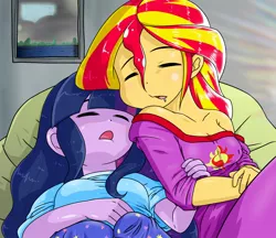 Size: 1480x1280 | Tagged: safe, alternate version, artist:batipin, derpibooru import, sci-twi, sunset shimmer, twilight sparkle, equestria girls, breasts, busty sci-twi, busty sunset shimmer, cleavage, clothes, drool, female, image, jpeg, lesbian, scitwishimmer, shipping, sleeping, sunsetsparkle