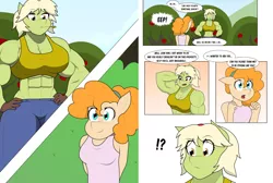 Size: 2948x1980 | Tagged: safe, artist:matchstickman, derpibooru import, granny smith, pear butter, anthro, earth pony, comic:the other side, abs, armpits, biceps, breasts, busty granny smith, clothes, comic, cute, deltoids, dialogue, duo, female, gloves, granny smash, image, jeans, muscles, muscular female, pants, pearabetes, png, sleeveless, speech bubble, straw in mouth, sweet apple acres, teenager, young granny smith, younger